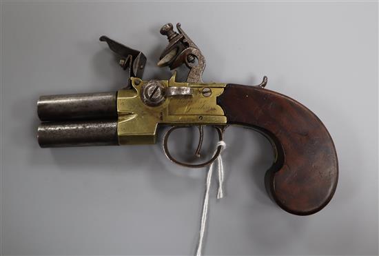 An 18th century double-barrelled flintlock pocket pistol, Hayward and Goodwin 16cm long